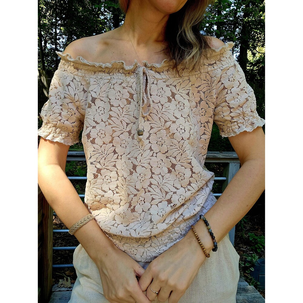 Floral Lace Peasant Blouse Boho Top Beige Neutral Romantic S